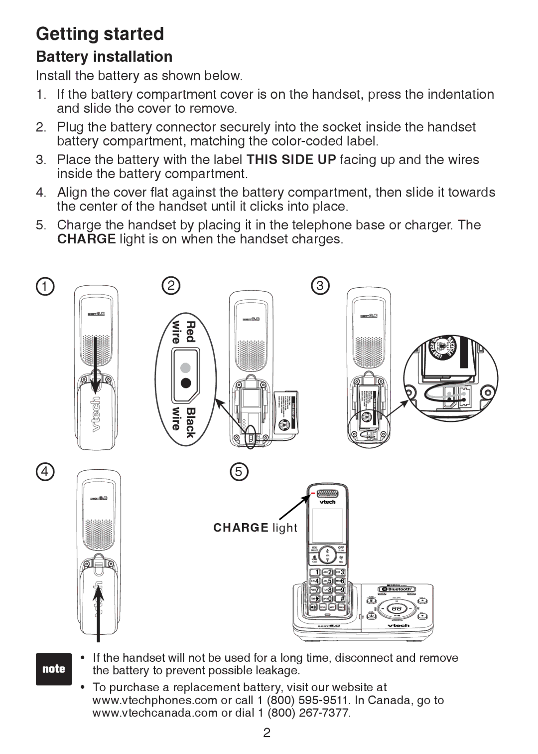 VTech DS6301, DS6322, DS6321 user manual Battery installation, Charge light 