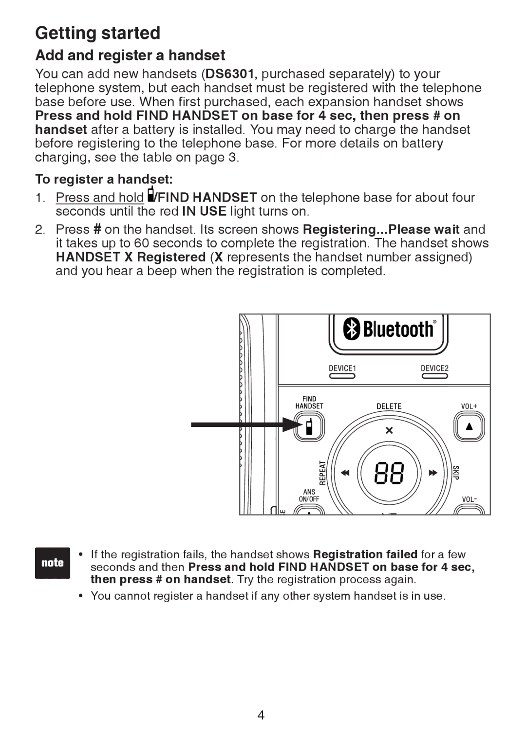 VTech DS6321, DS6322, DS6301 user manual Add and register a handset 