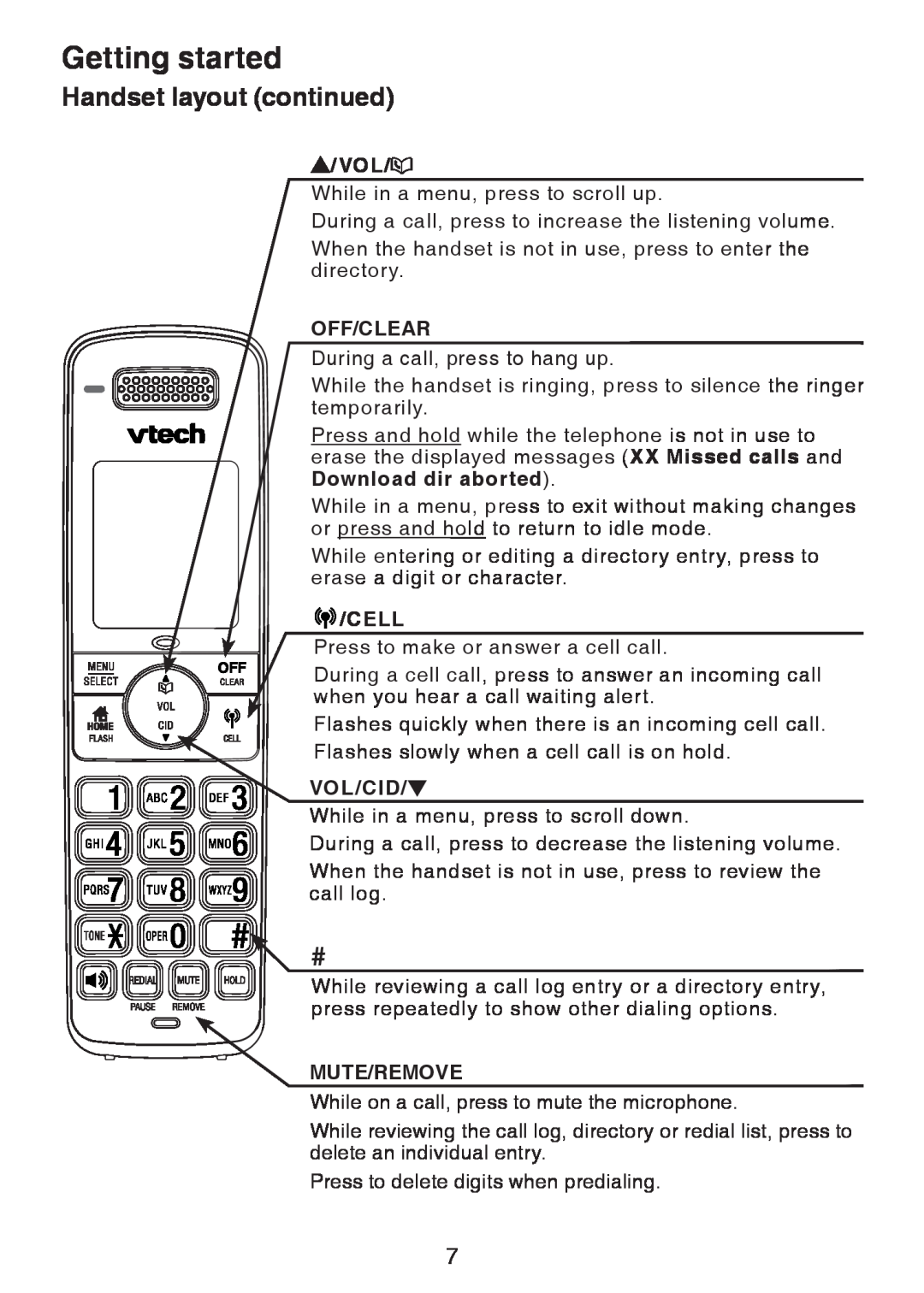 VTech DS6321, DS6322, DS6301 user manual Handset layout continued, Getting started, Off/Clear, Cell, Vol/Cid, Mute/Remove 