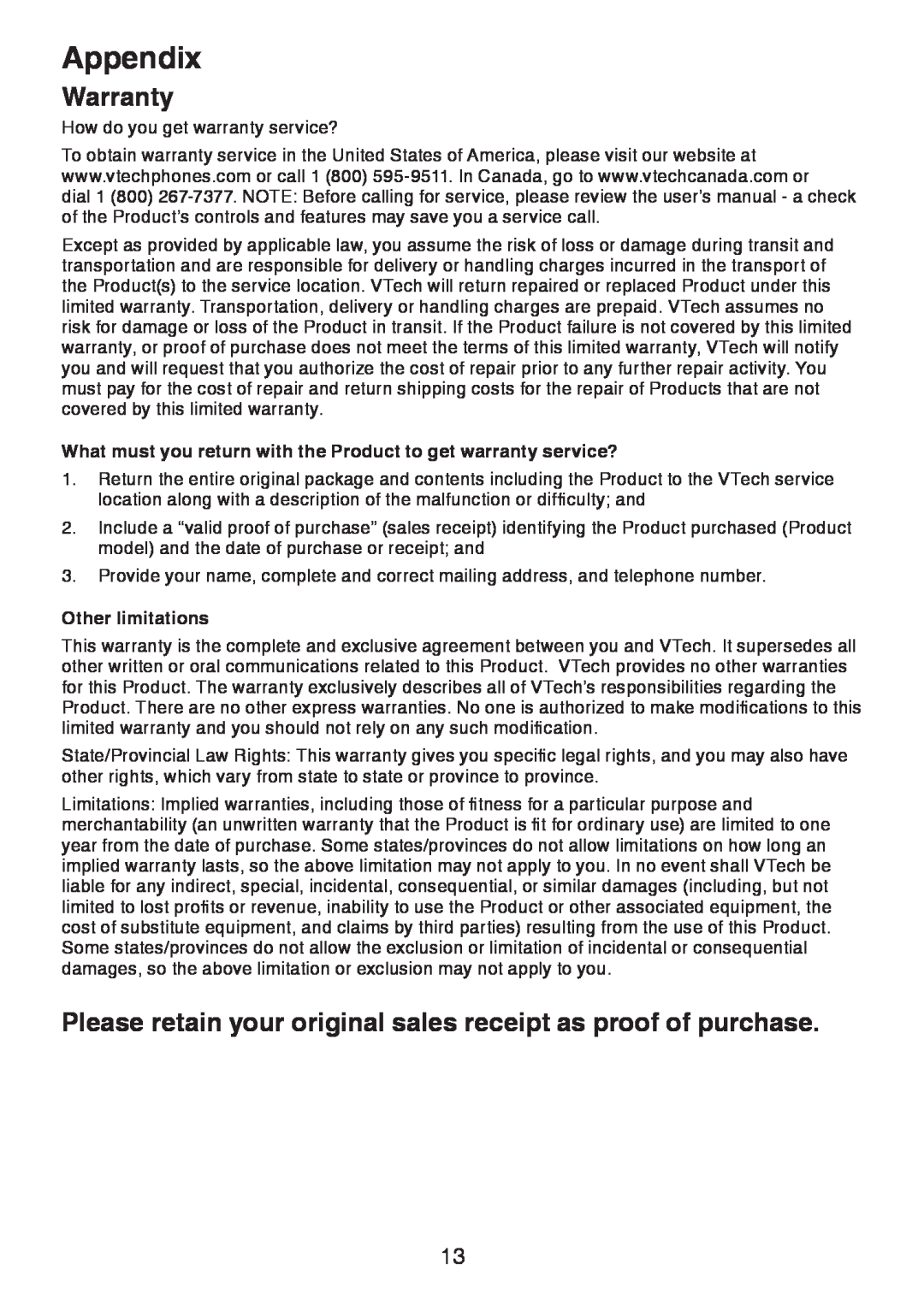 VTech DS6321, DS6322 Please retain your original sales receipt as proof of purchase, Appendix, Warranty, Other limitations 