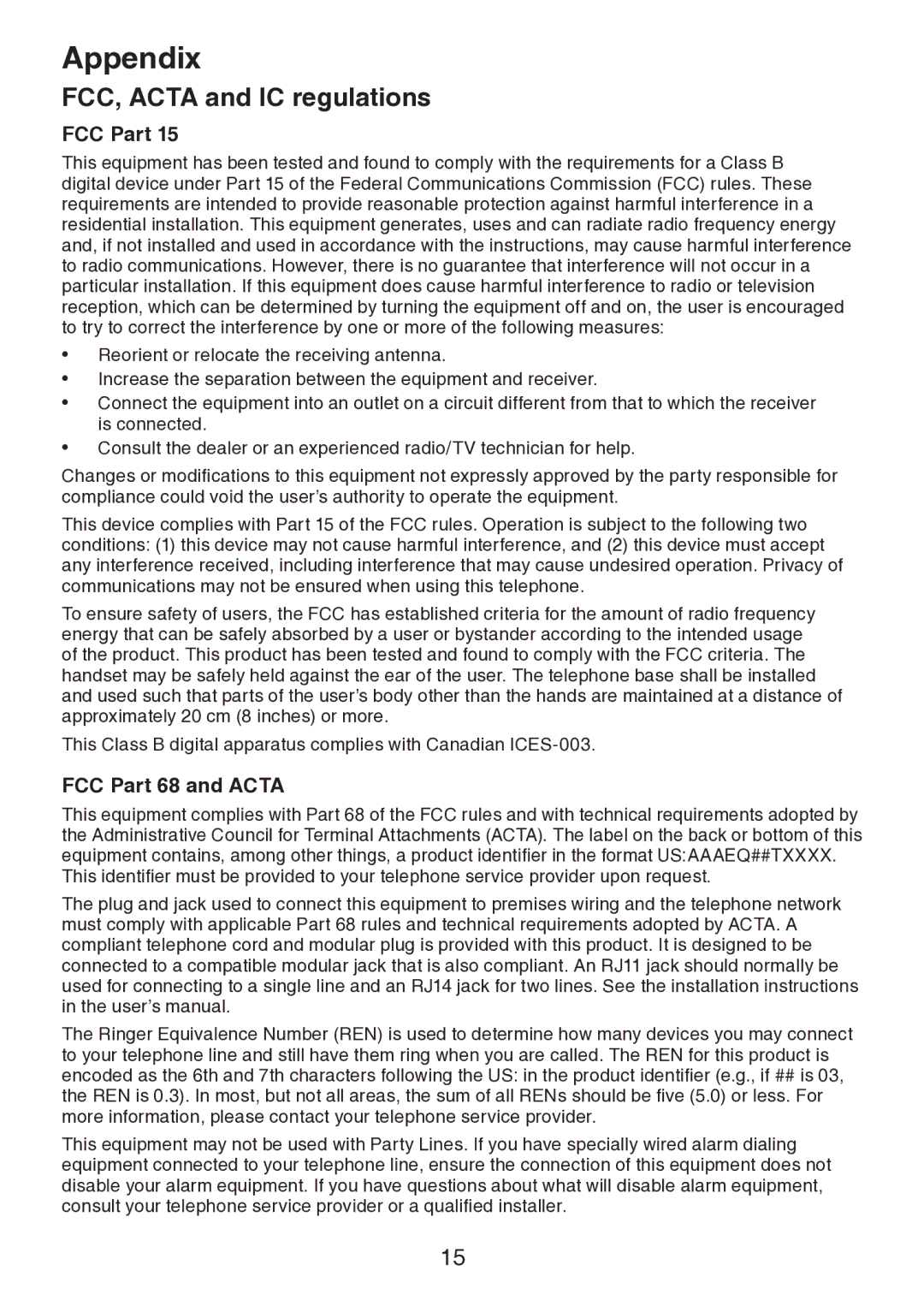 VTech DS6401 user manual FCC, Acta and IC regulations, FCC Part 68 and Acta 