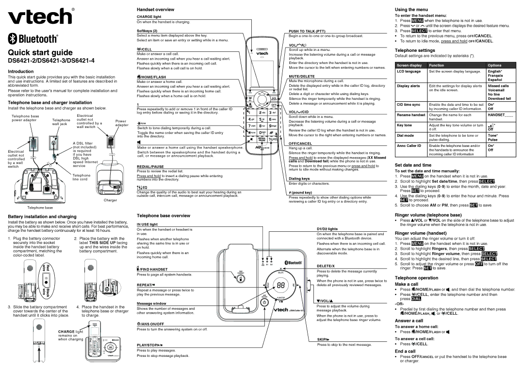 VTech DS6421-2 quick start Introduction, Telephone base and charger installation, Handset overview, Using the menu 