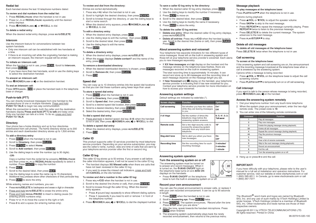 VTech DS6421-3 Redial list, Intercom, Push-to-talk PTT, Directory, Speed dial, Caller ID, Answering system settings 