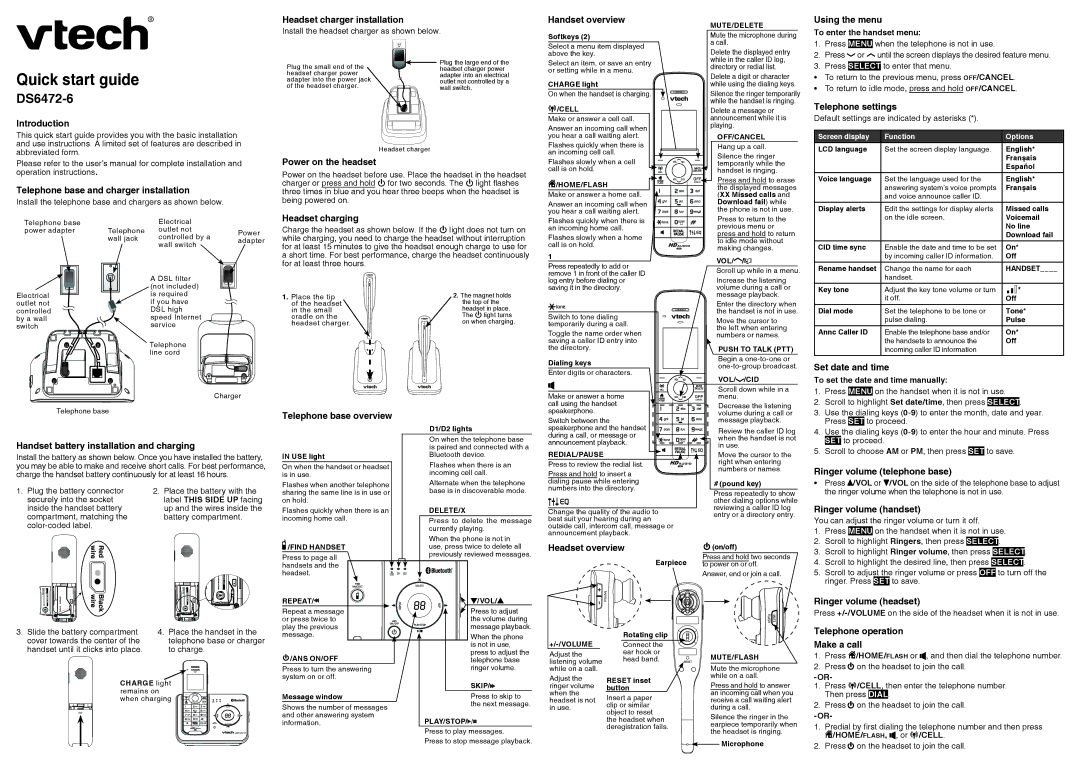 VTech DS6472-6 quick start Introduction, Telephone base and charger installation, Headset charger installation 