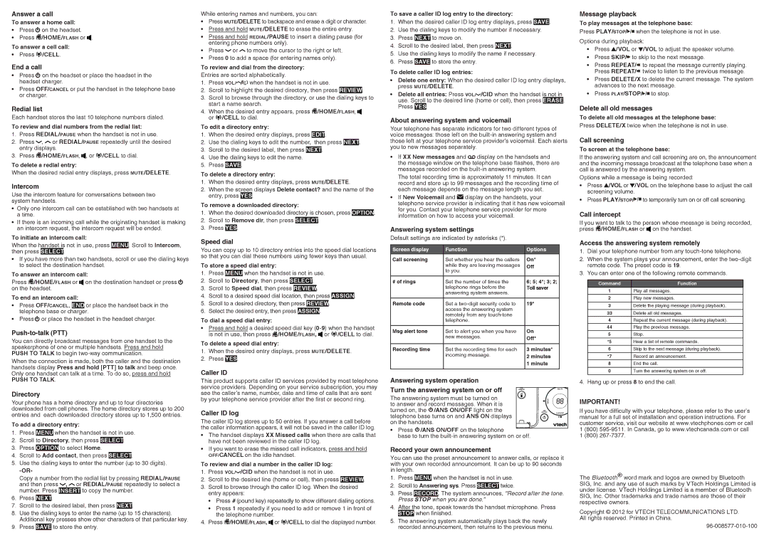 VTech DS6472-6 Answer a call, End a call, Redial list, Intercom, Push-to-talk PTT, Directory, Speed dial, Caller ID 