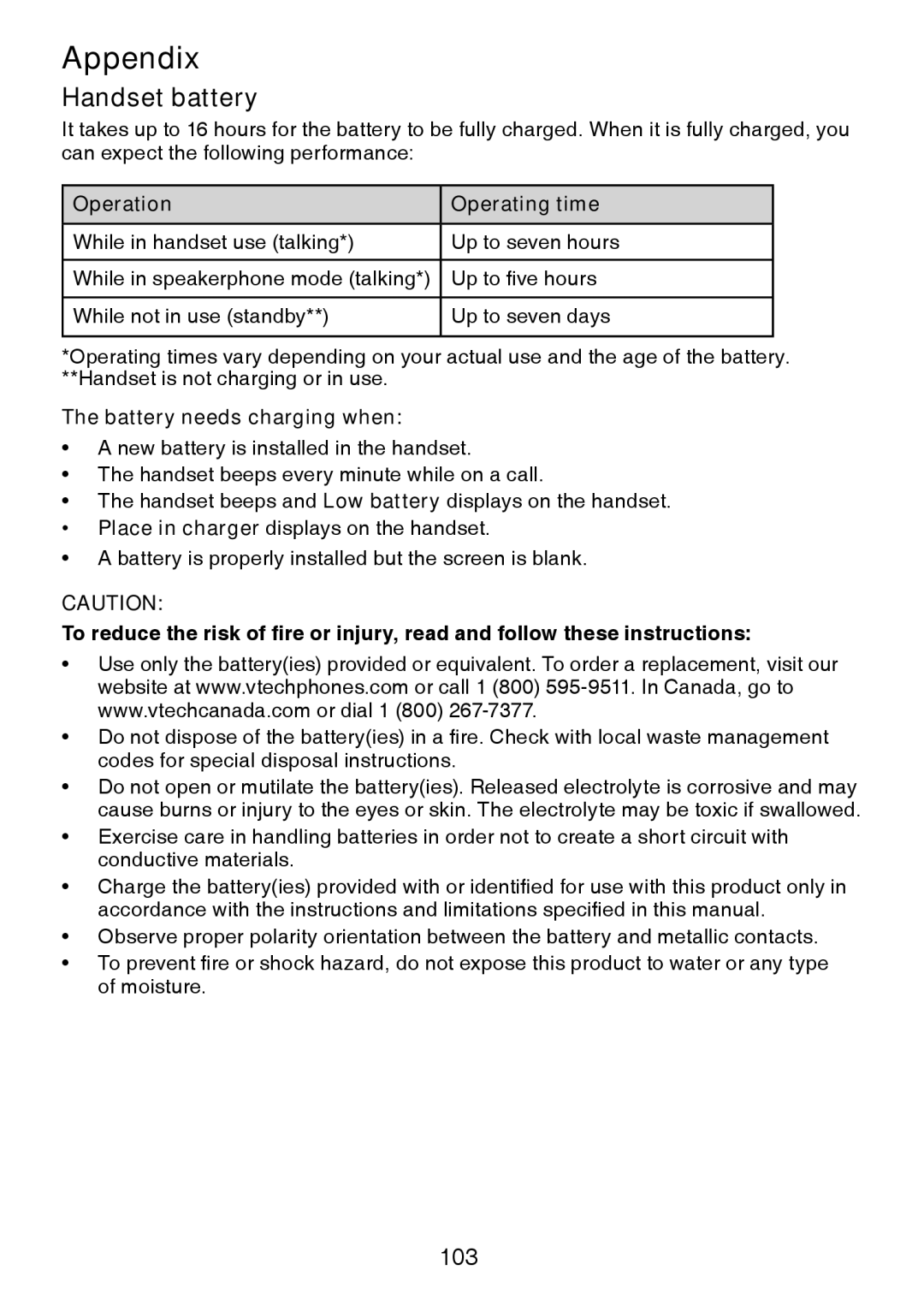 VTech DS6472-6 user manual Handset battery, Operation Operating time, Battery needs charging when 