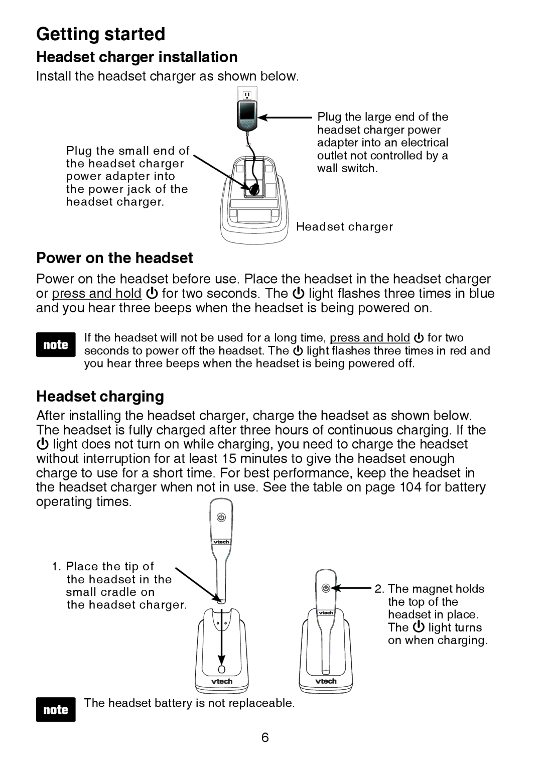 VTech DS6472-6 user manual Headset charger installation, Power on the headset, Headset charging 