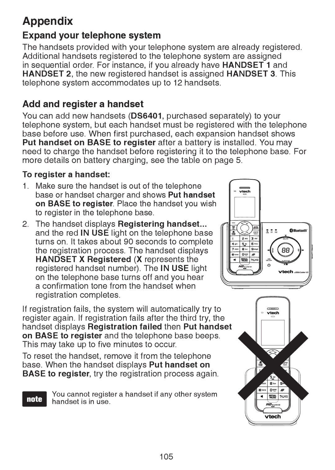 VTech DS6472-6 user manual Expand your telephone system, Add and register a handset, To register a handset 