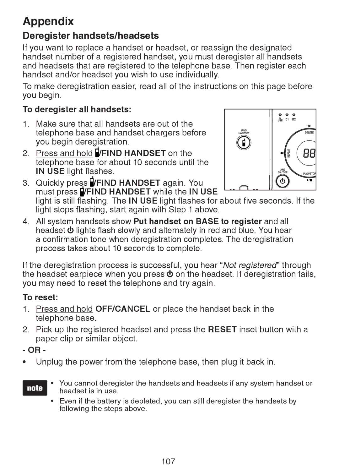 VTech DS6472-6 user manual Deregister handsets/headsets, To deregister all handsets, To reset 