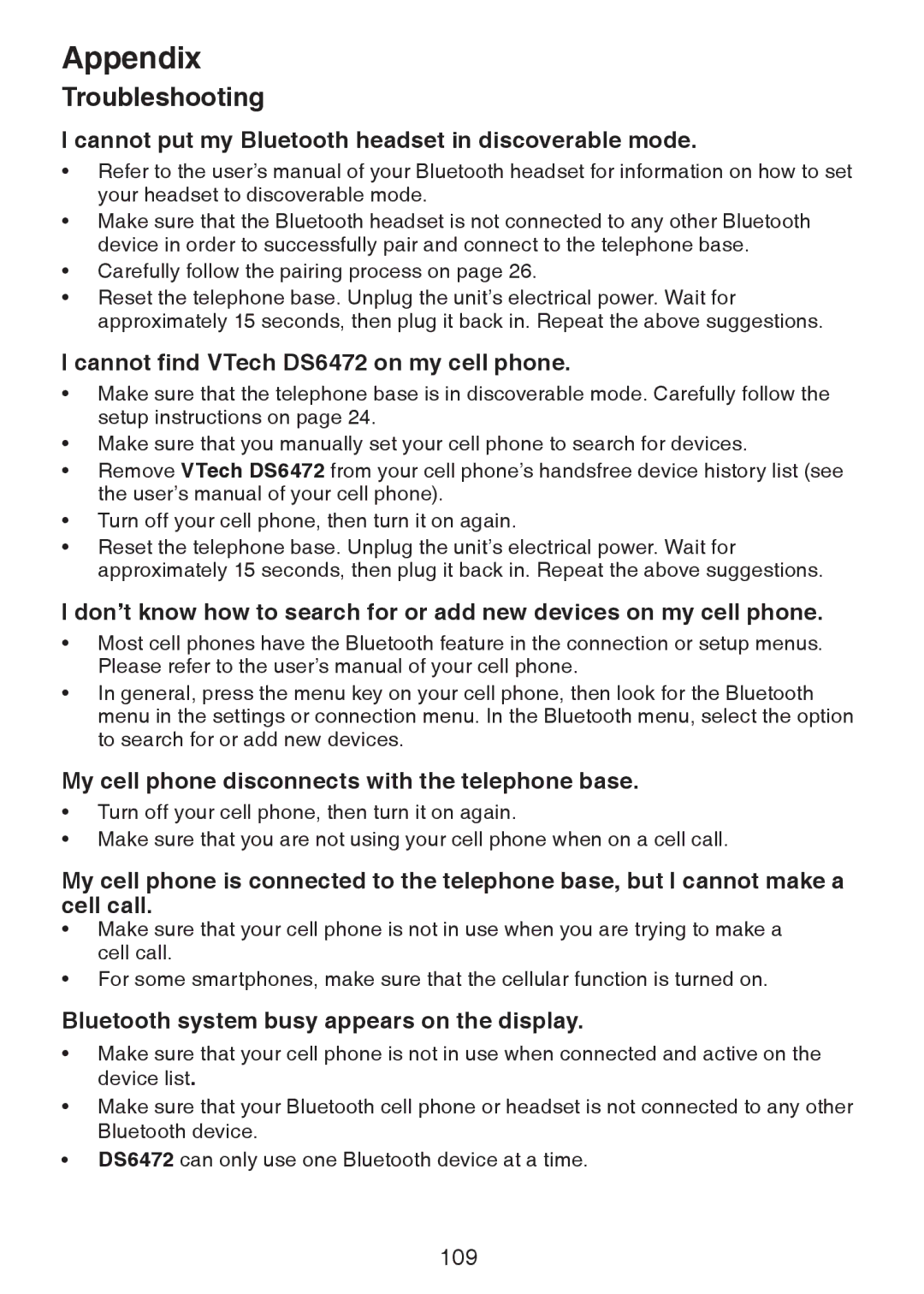 VTech DS6472-6 user manual Cannot put my Bluetooth headset in discoverable mode, Cannot find VTech DS6472 on my cell phone 