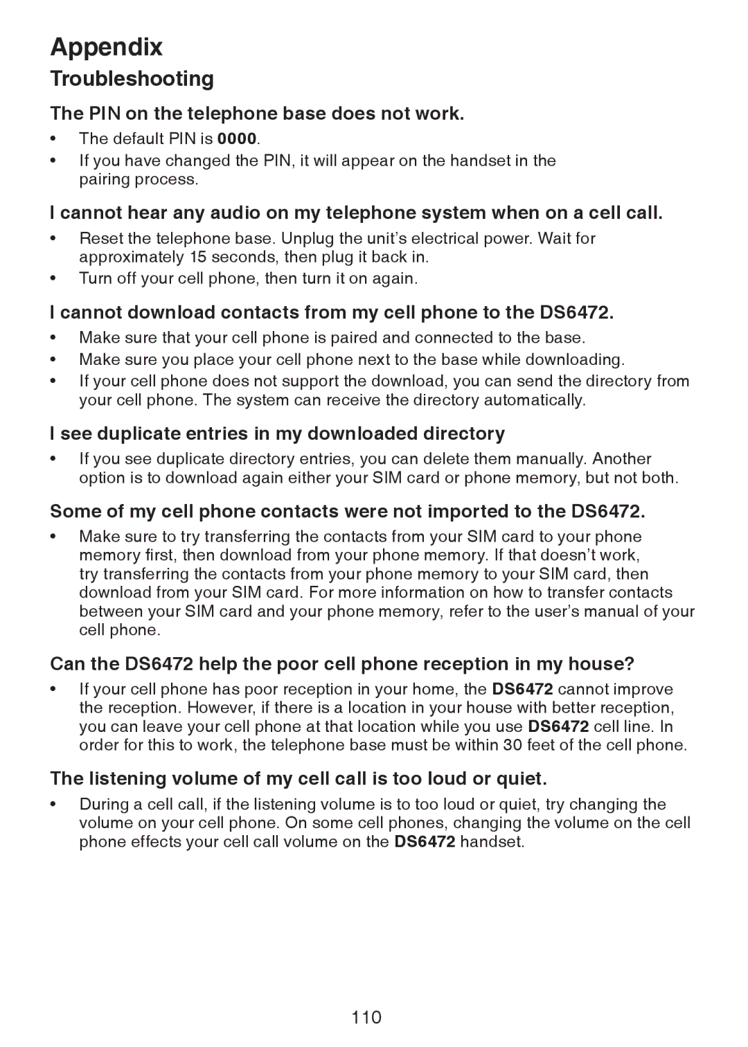 VTech DS6472-6 PIN on the telephone base does not work, Cannot download contacts from my cell phone to the DS6472 