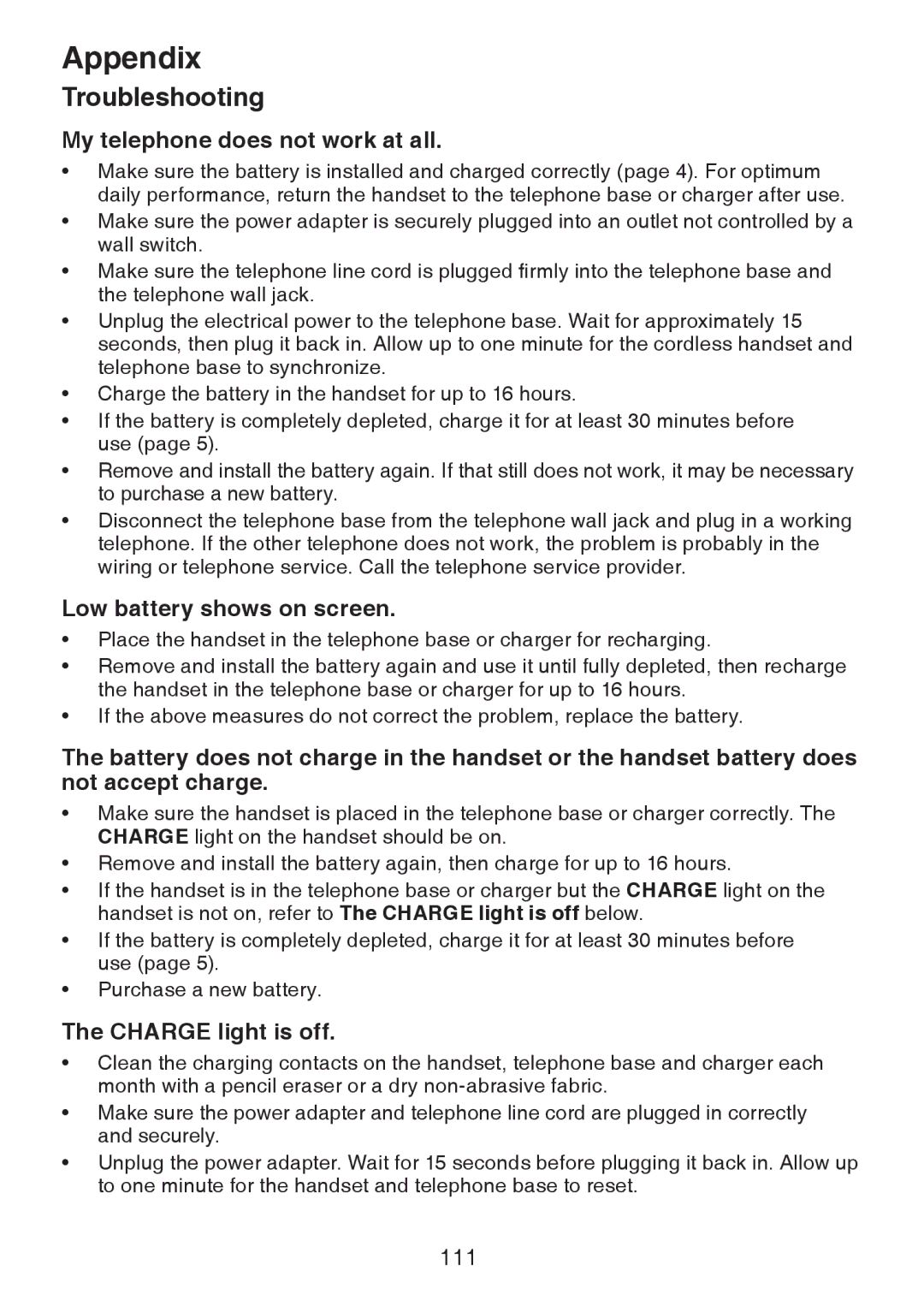 VTech DS6472-6 user manual My telephone does not work at all, Low battery shows on screen, Charge light is off 