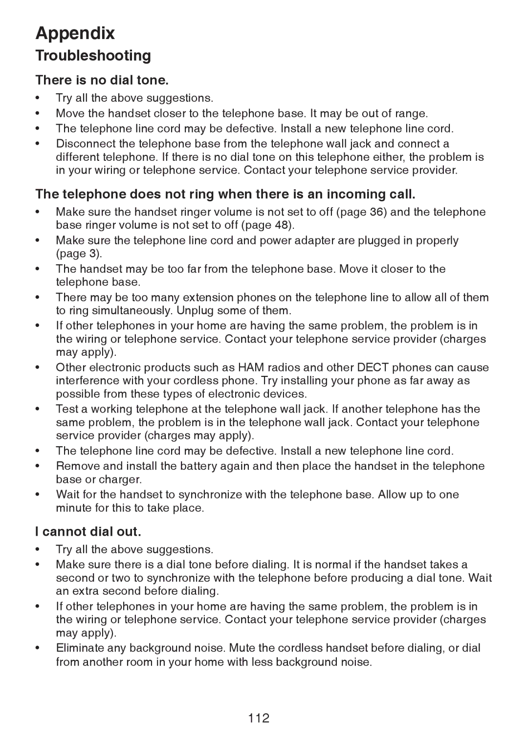 VTech DS6472-6 user manual There is no dial tone, Telephone does not ring when there is an incoming call, Cannot dial out 