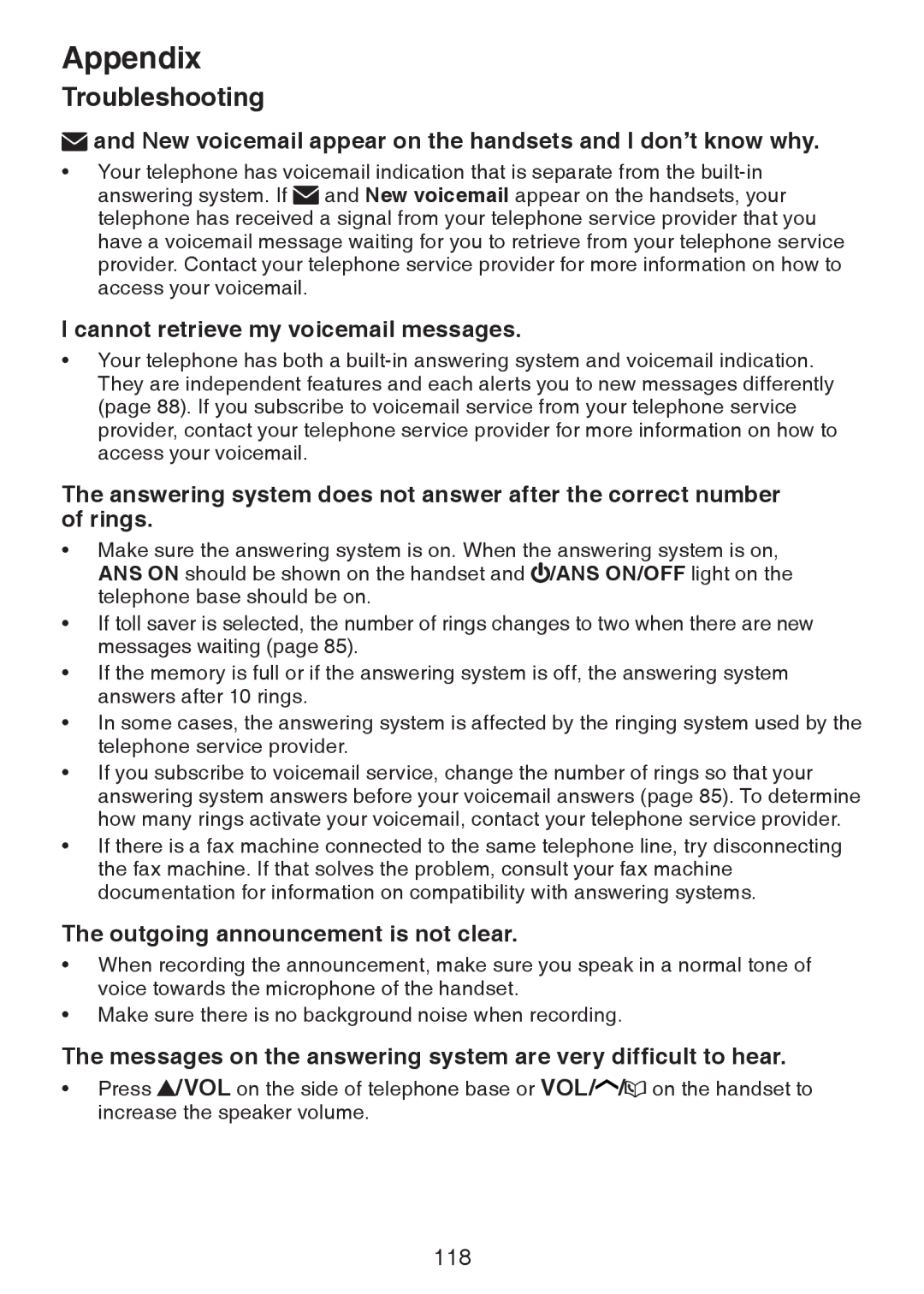 VTech DS6472-6 user manual New voicemail appear on the handsets and I don’t know why, Cannot retrieve my voicemail messages 