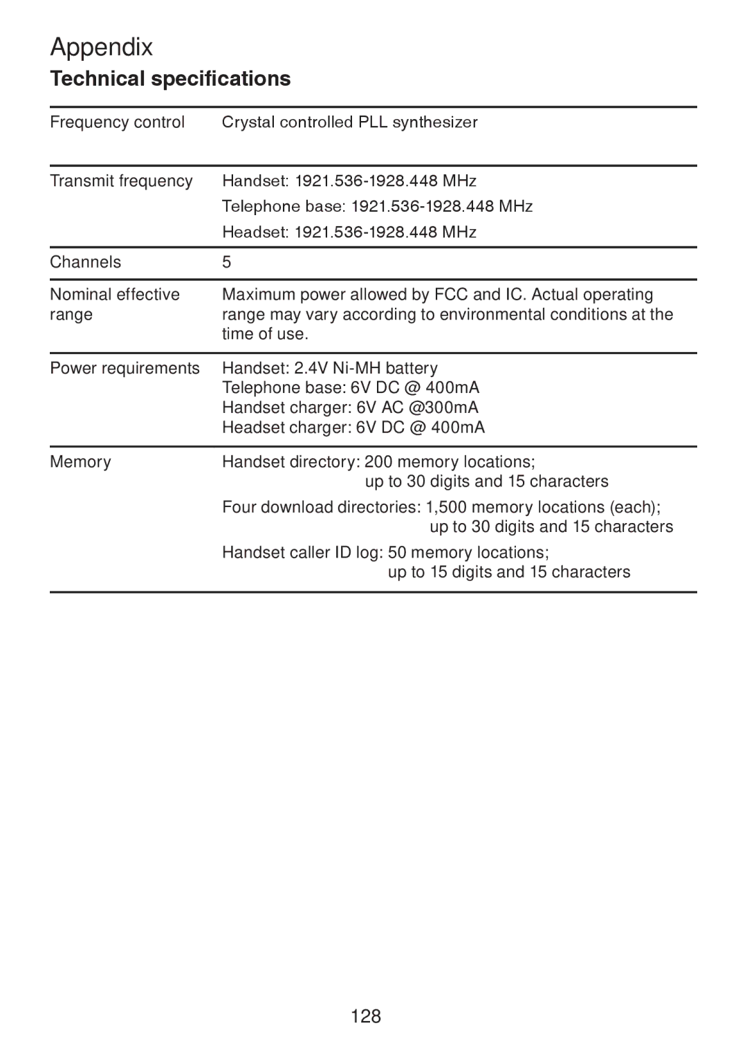 VTech DS6472-6 user manual Technical specifications 