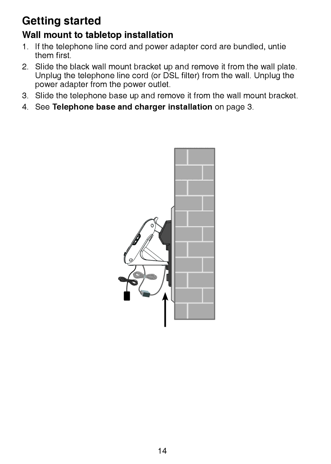 VTech DS6472-6 user manual Wall mount to tabletop installation, See Telephone base and charger installation on 