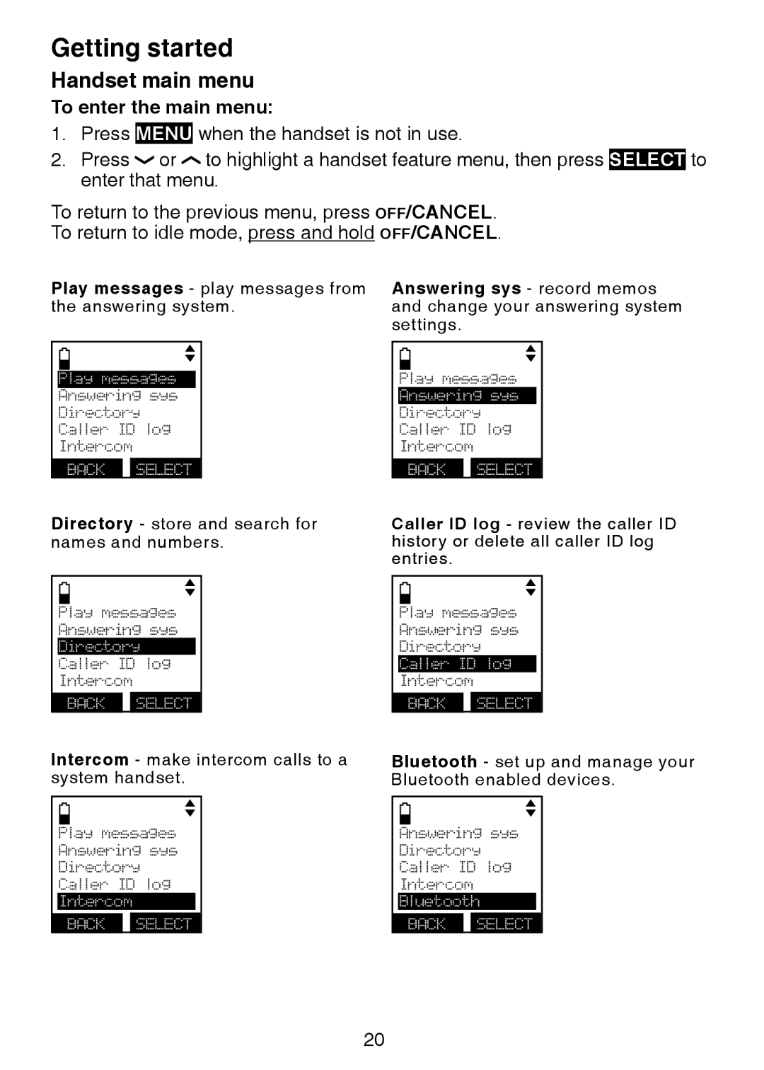 VTech DS6472-6 user manual Handset main menu, To enter the main menu, Answering sys record memos 