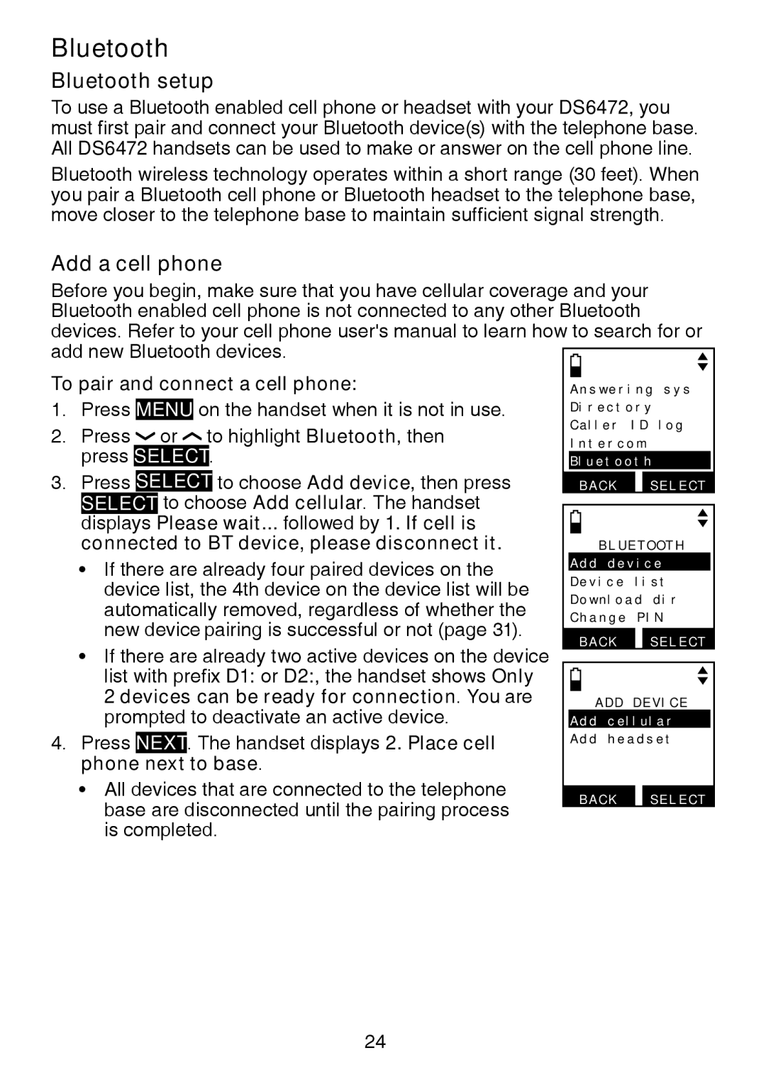 VTech DS6472-6 user manual Bluetooth setup, Add a cell phone, To pair and connect a cell phone, Next To base 