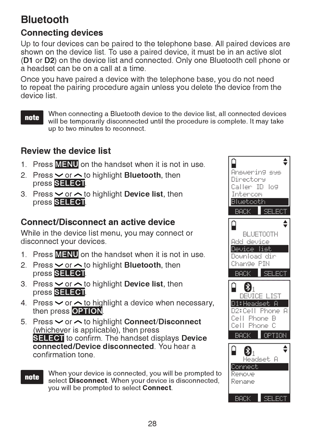 VTech DS6472-6 user manual Connecting devices, Review the device list, Connect/Disconnect an active device 