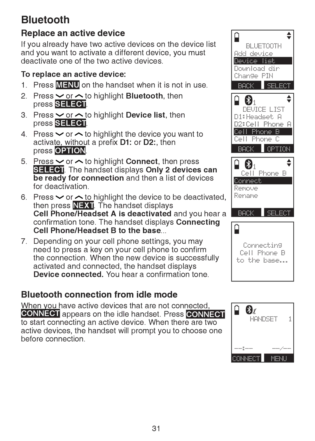 VTech DS6472-6 user manual Replace an active device, Bluetooth connection from idle mode, To replace an active device 