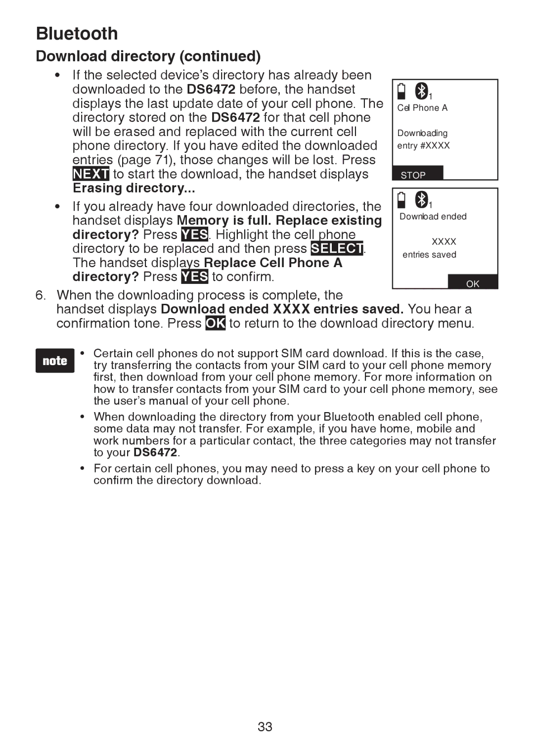 VTech DS6472-6 user manual Erasing directory, Handset displays Memory is full. Replace existing, Directory? Press 