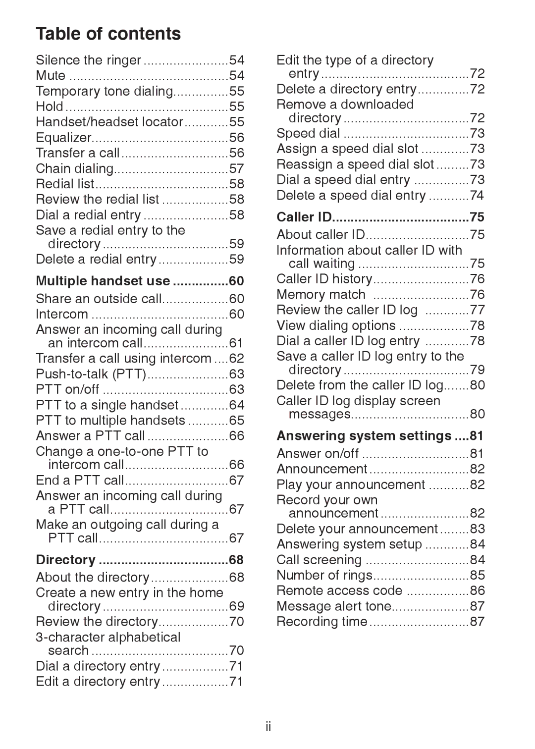 VTech DS6472-6 user manual Multiple handset use, Directory, Caller ID, Answering system settings 