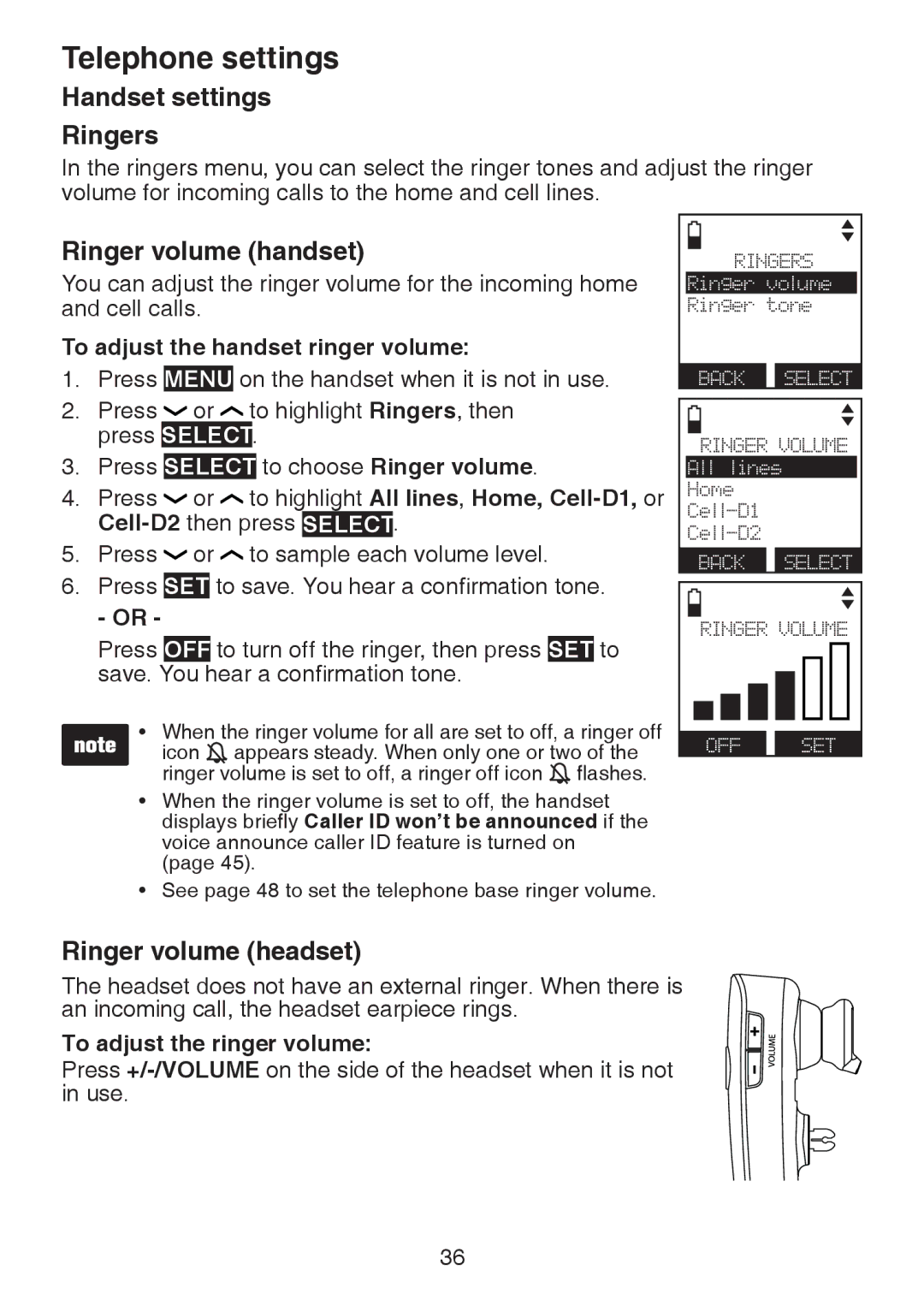 VTech DS6472-6 user manual Telephone settings, Handset settings Ringers, Ringer volume handset, Ringer volume headset 