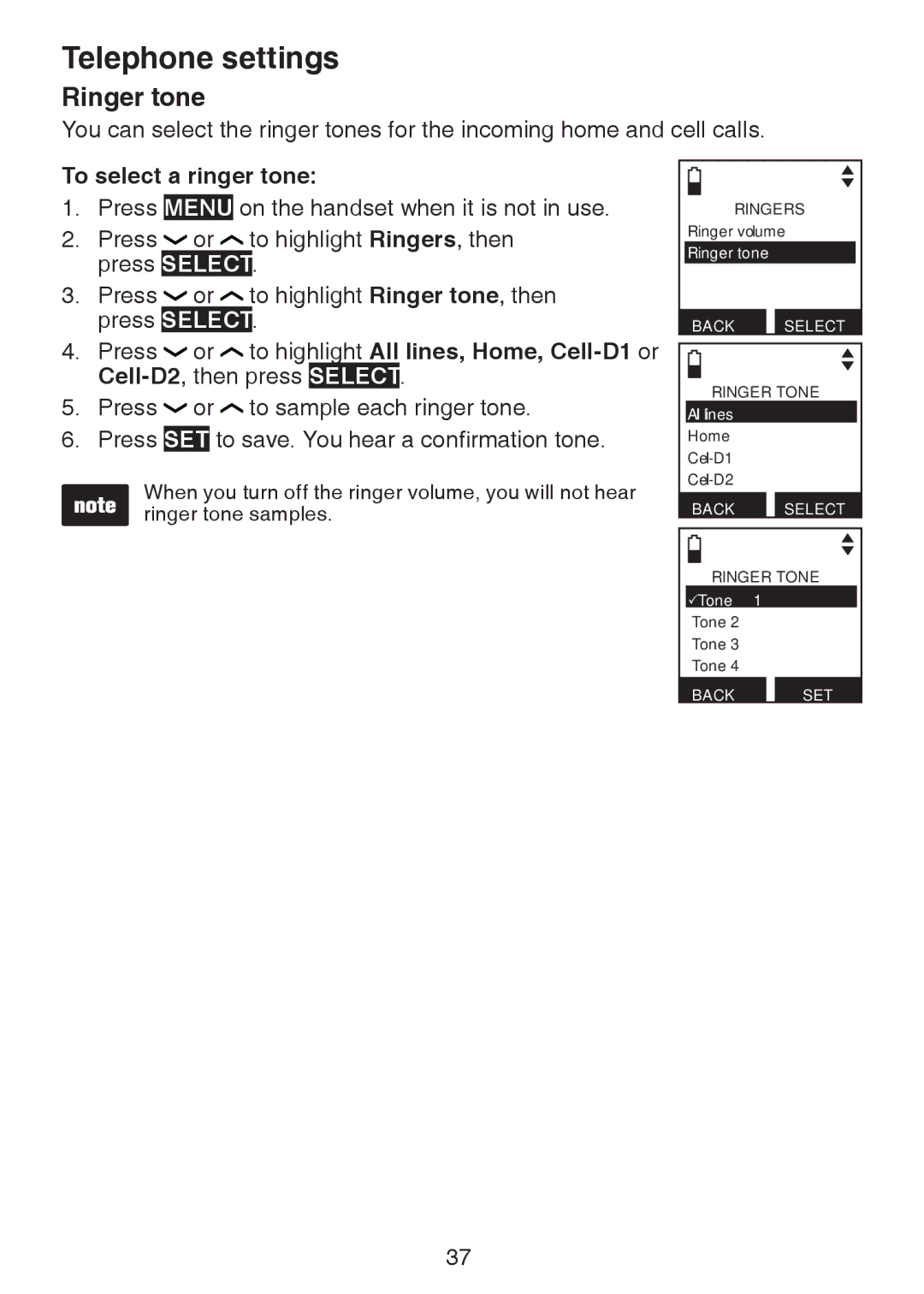 VTech DS6472-6 user manual Ringer tone, To select a ringer tone, To highlight All lines, Home, Cell-D1 or 