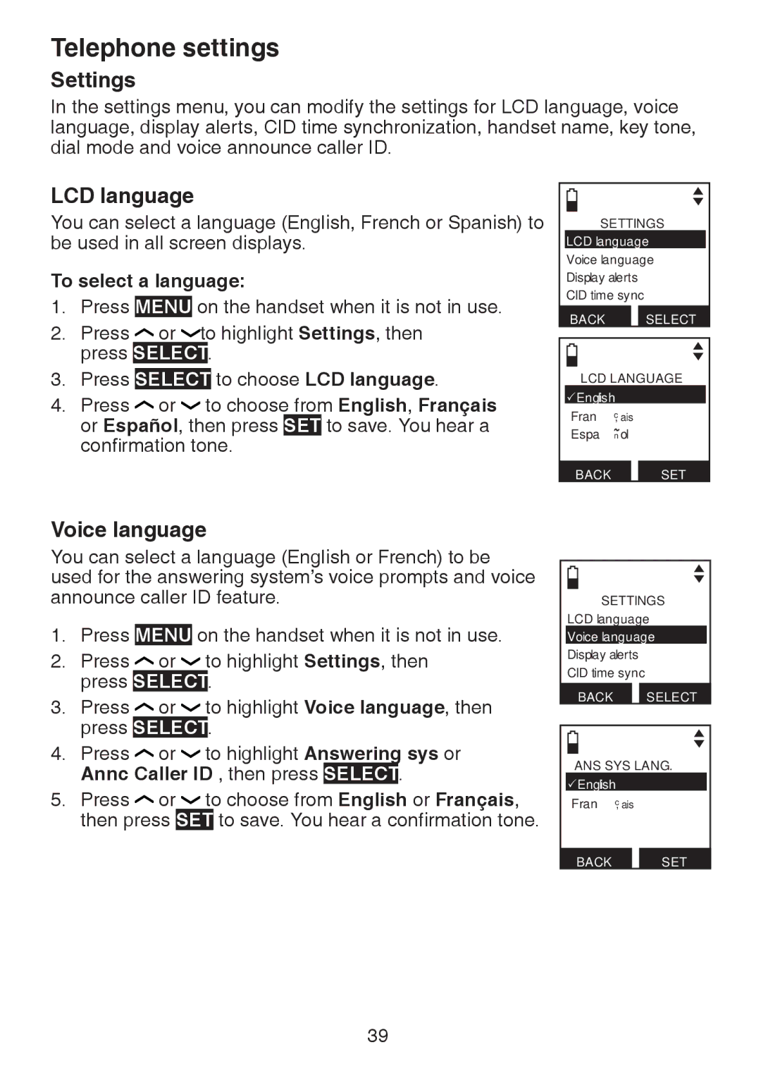 VTech DS6472-6 user manual Settings, LCD language, Voice language, To select a language, Annc Caller ID , then press 