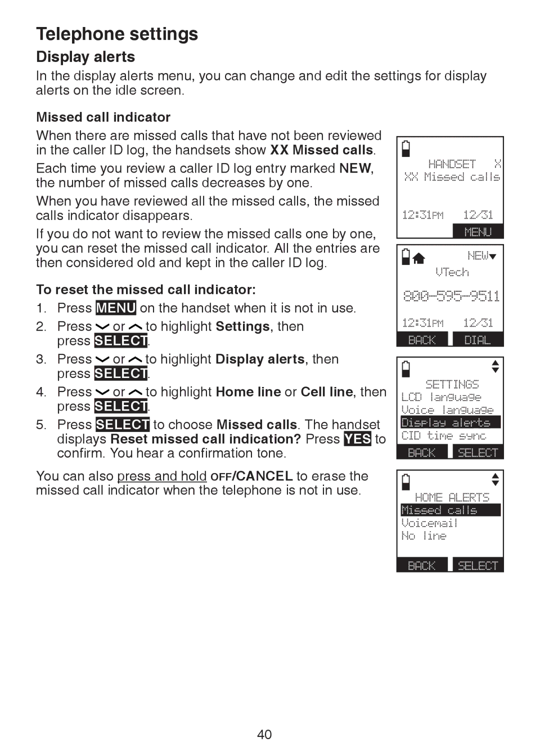 VTech DS6472-6 user manual Display alerts, Missed call indicator, To reset the missed call indicator 