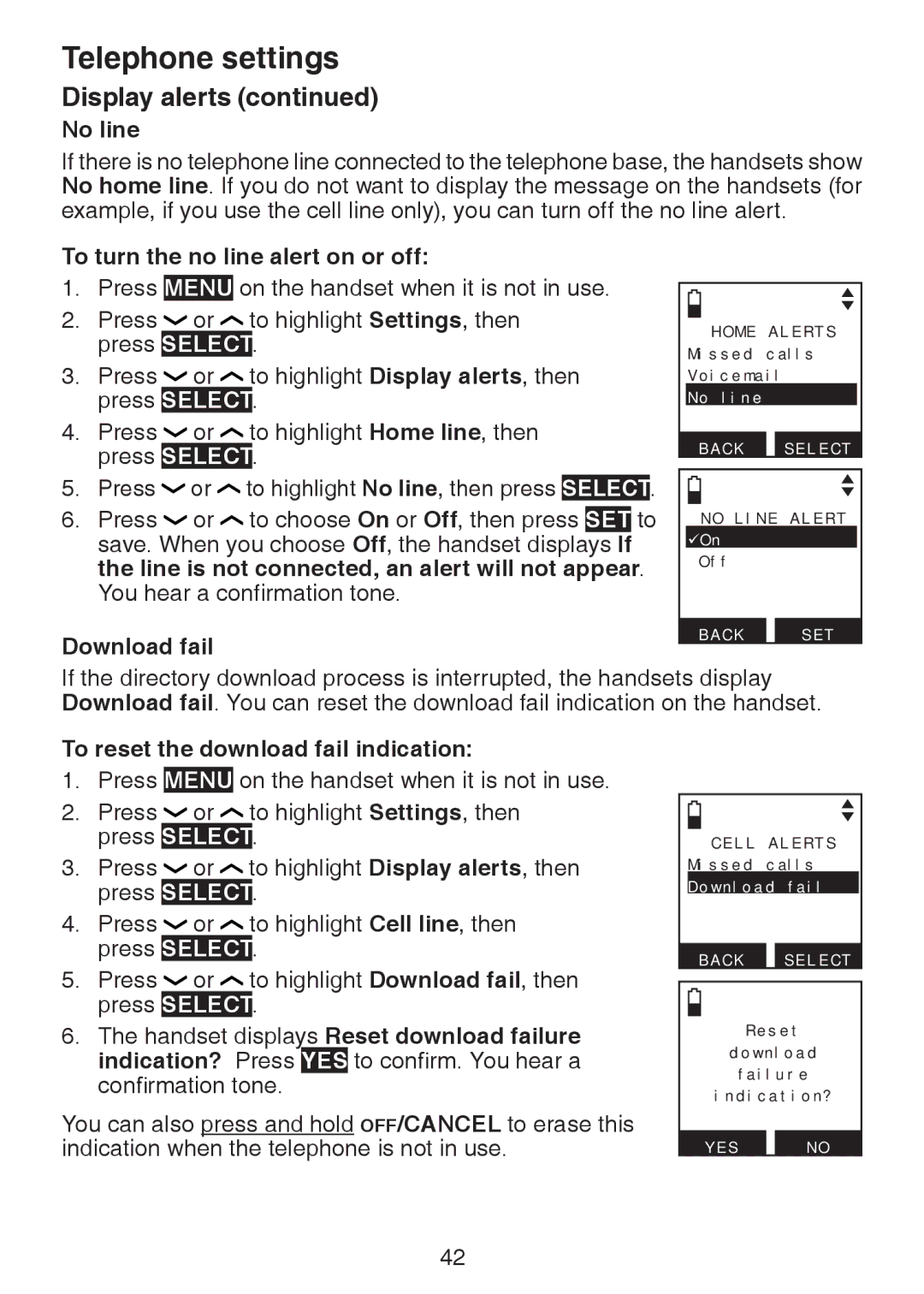 VTech DS6472-6 No line, To turn the no line alert on or off, Download fail, To reset the download fail indication 