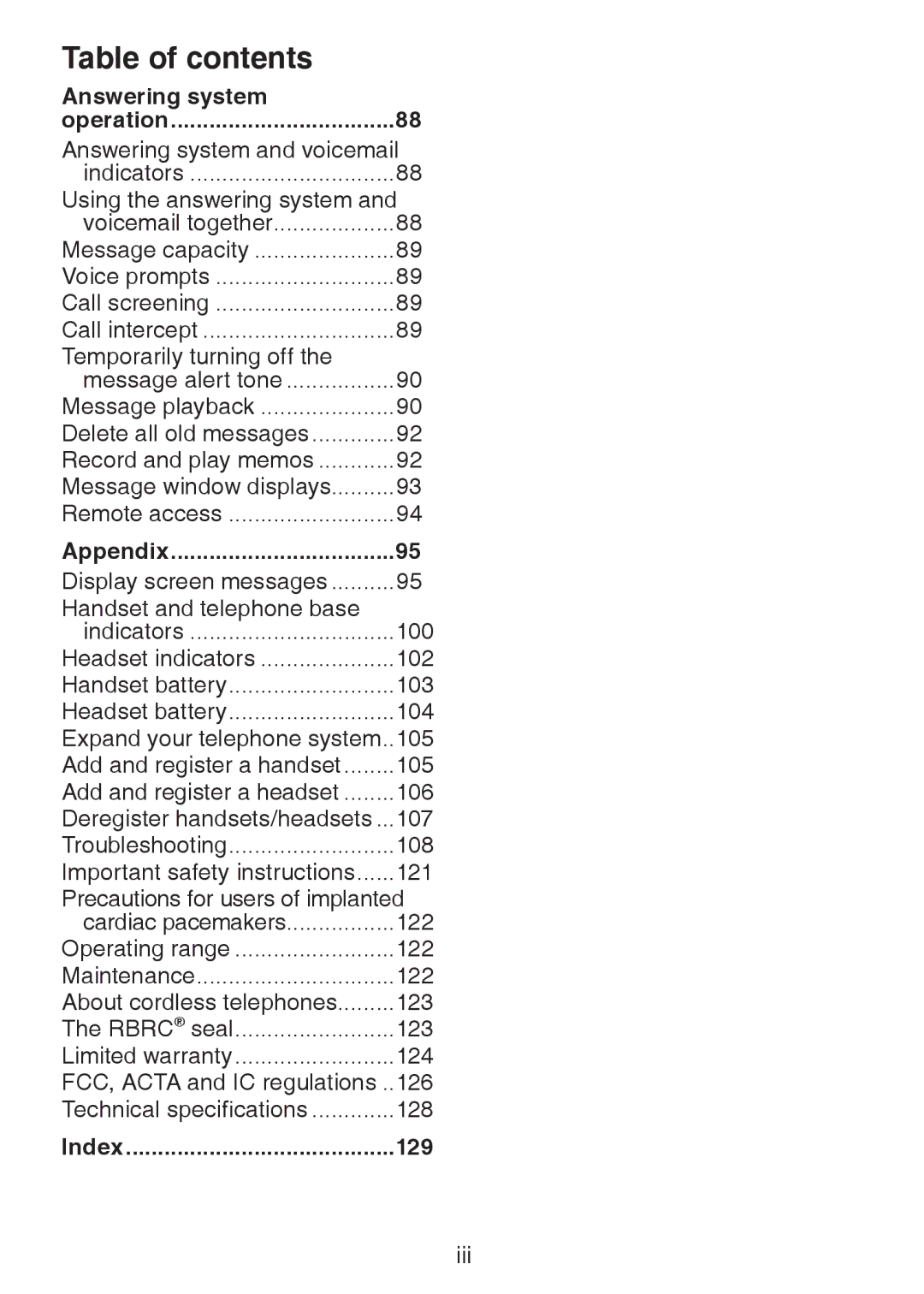 VTech DS6472-6 user manual Answering system Operation, Appendix, Index 129 