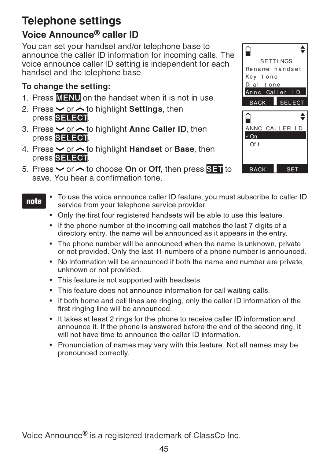 VTech DS6472-6 user manual Voice Announce caller ID, Save. You hear a confirmation tone 