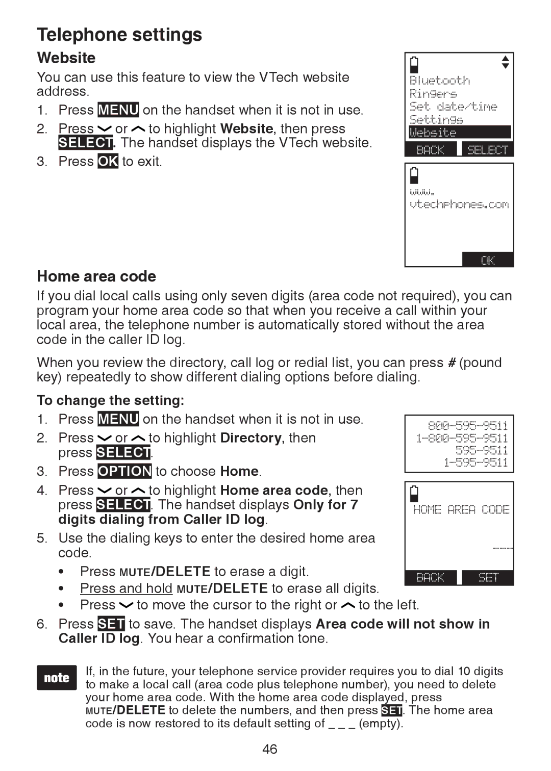 VTech DS6472-6 user manual Website, Home area code, Digits Dialing from Caller ID log 