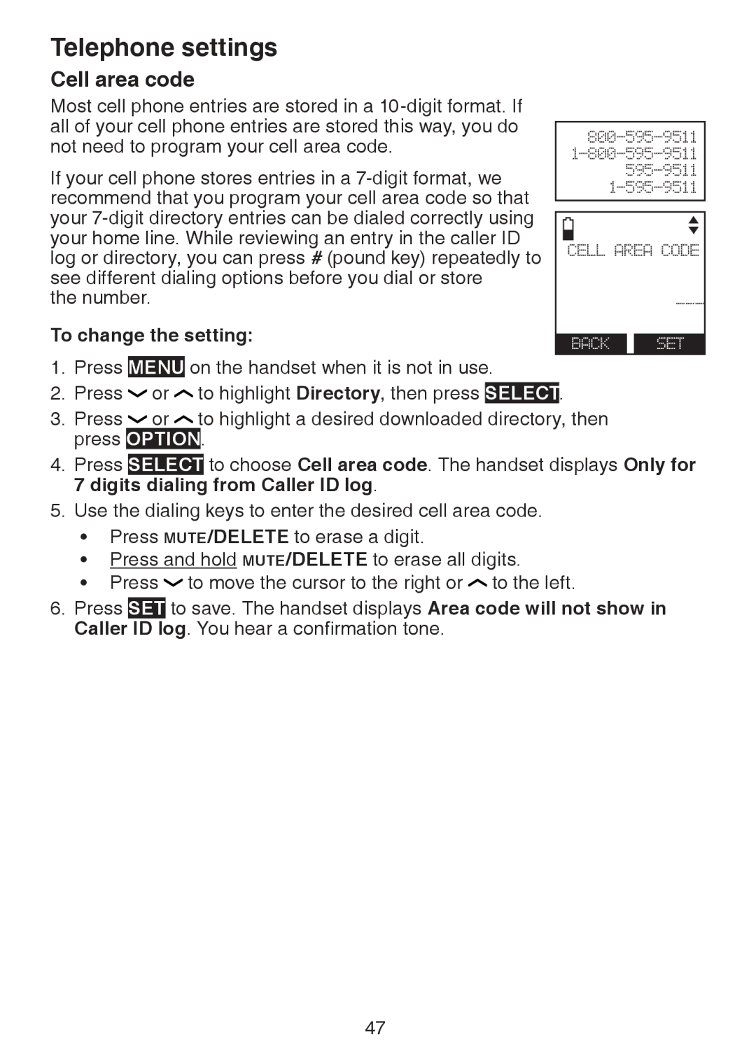 VTech DS6472-6 user manual Cell area code 