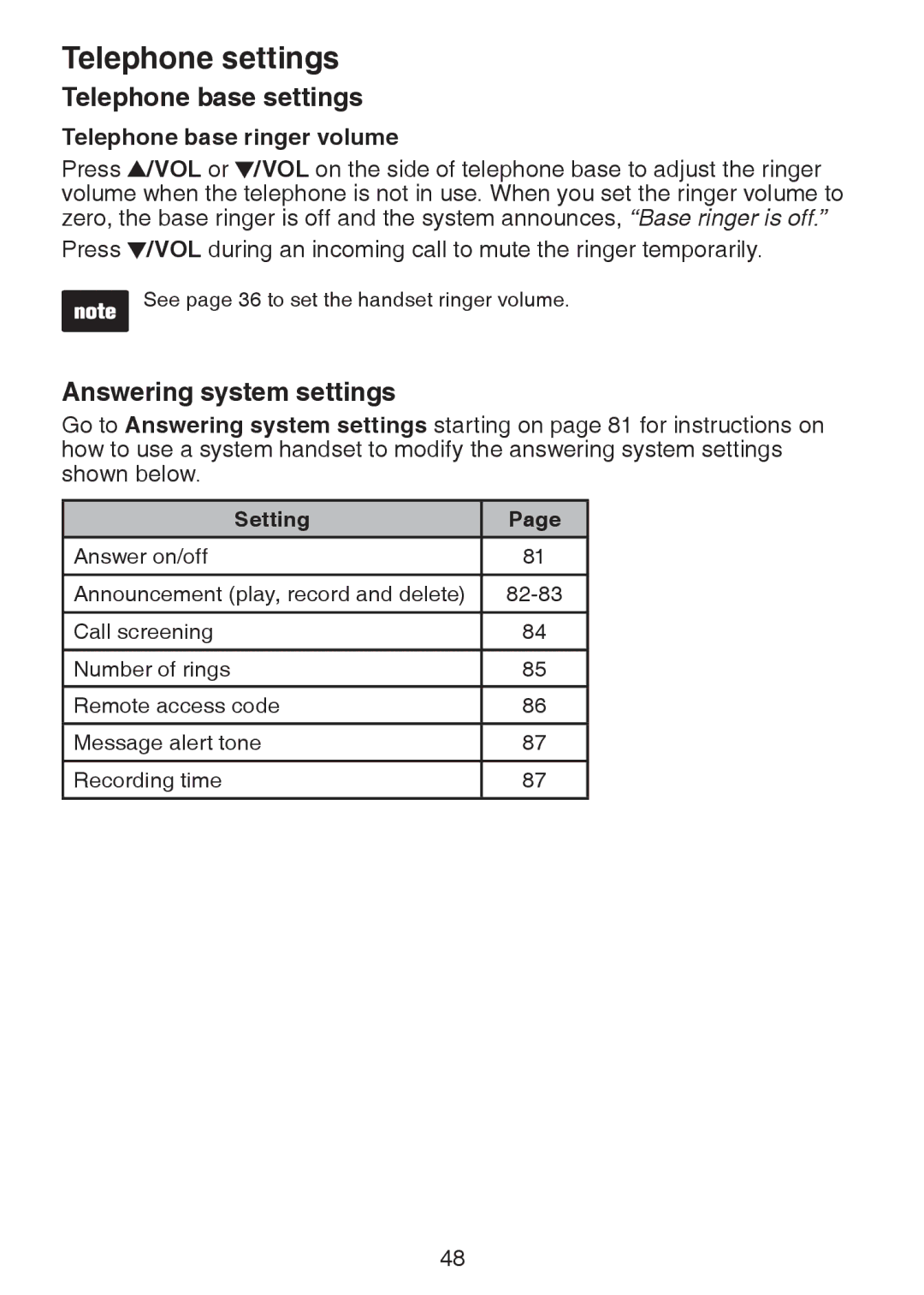 VTech DS6472-6 user manual Telephone base settings, Answering system settings, Telephone base ringer volume, Setting 