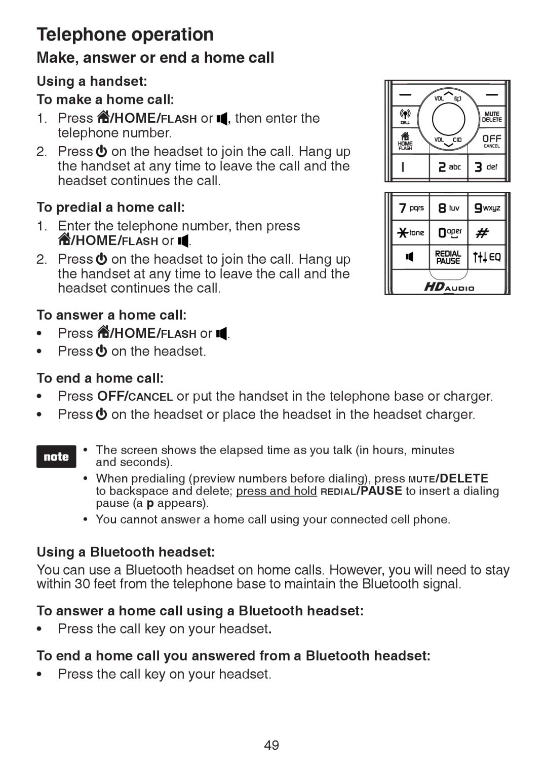 VTech DS6472-6 user manual Telephone operation, Make, answer or end a home call 