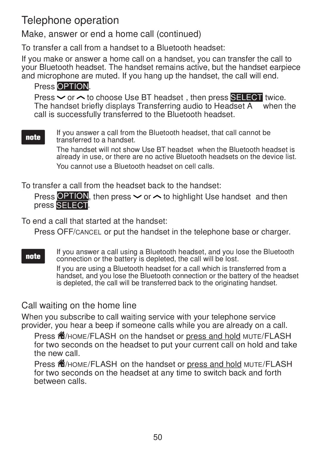 VTech DS6472-6 user manual Call waiting on the home line, To transfer a call from a handset to a Bluetooth headset 