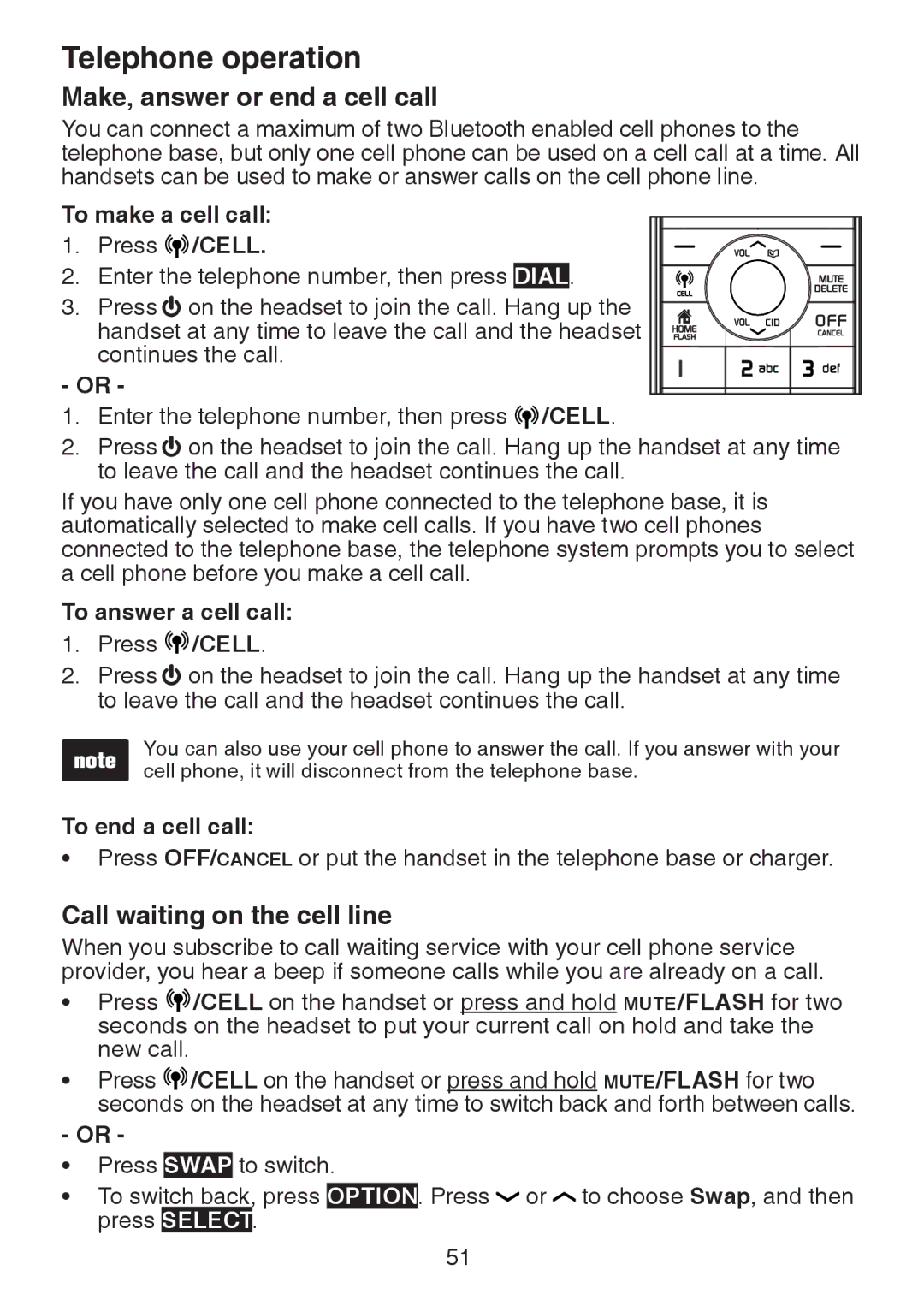 VTech DS6472-6 Make, answer or end a cell call, Call waiting on the cell line, To make a cell call 1. Press /CELL 