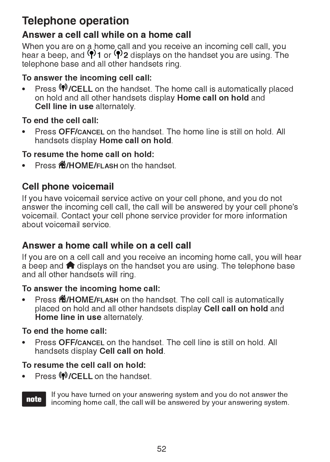 VTech DS6472-6 Answer a cell call while on a home call, Cell phone voicemail, Answer a home call while on a cell call 