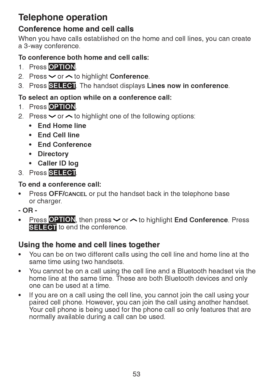 VTech DS6472-6 user manual Conference home and cell calls, Using the home and cell lines together, To end a conference call 