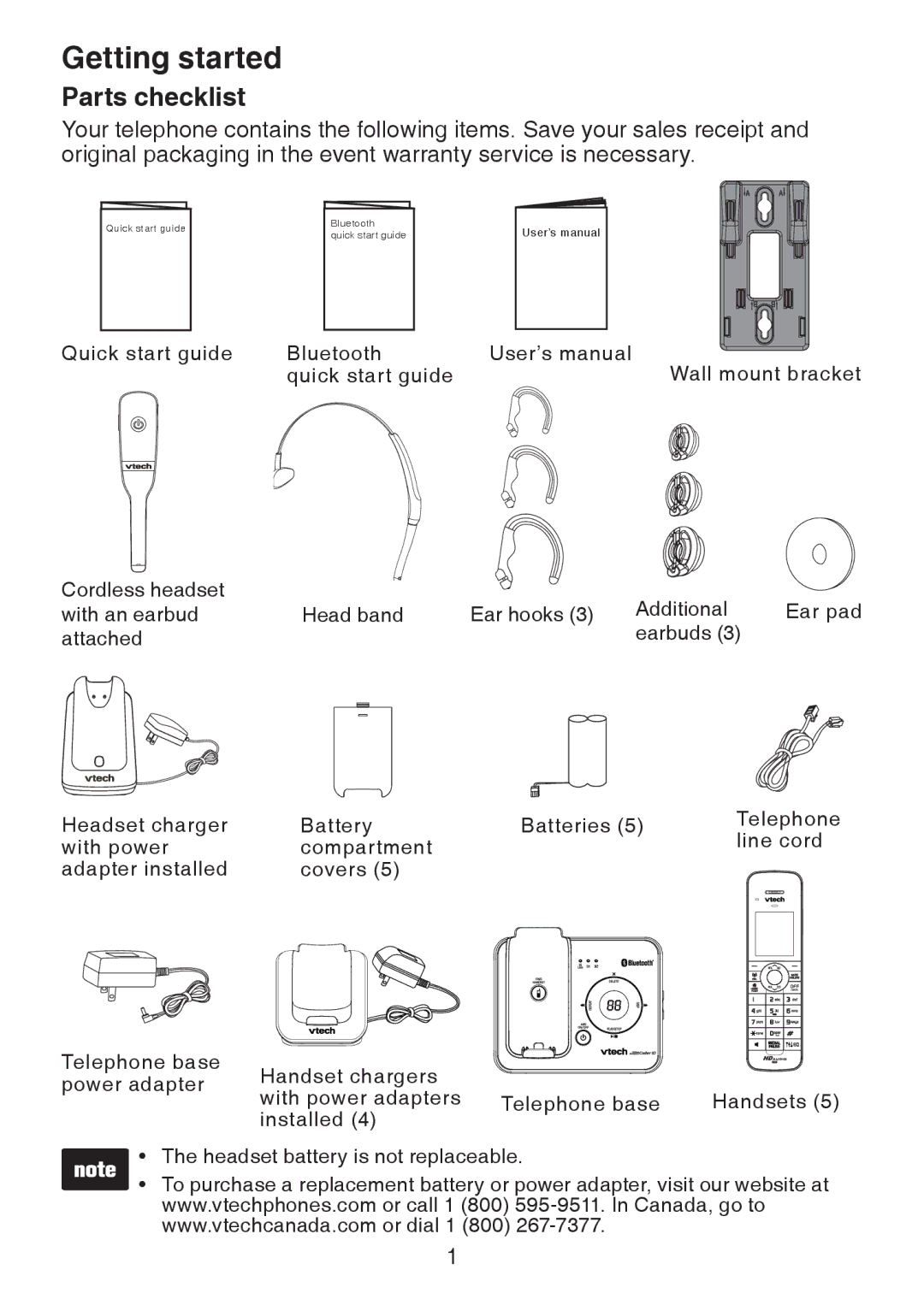 VTech DS6472-6 user manual Getting started, Parts checklist 