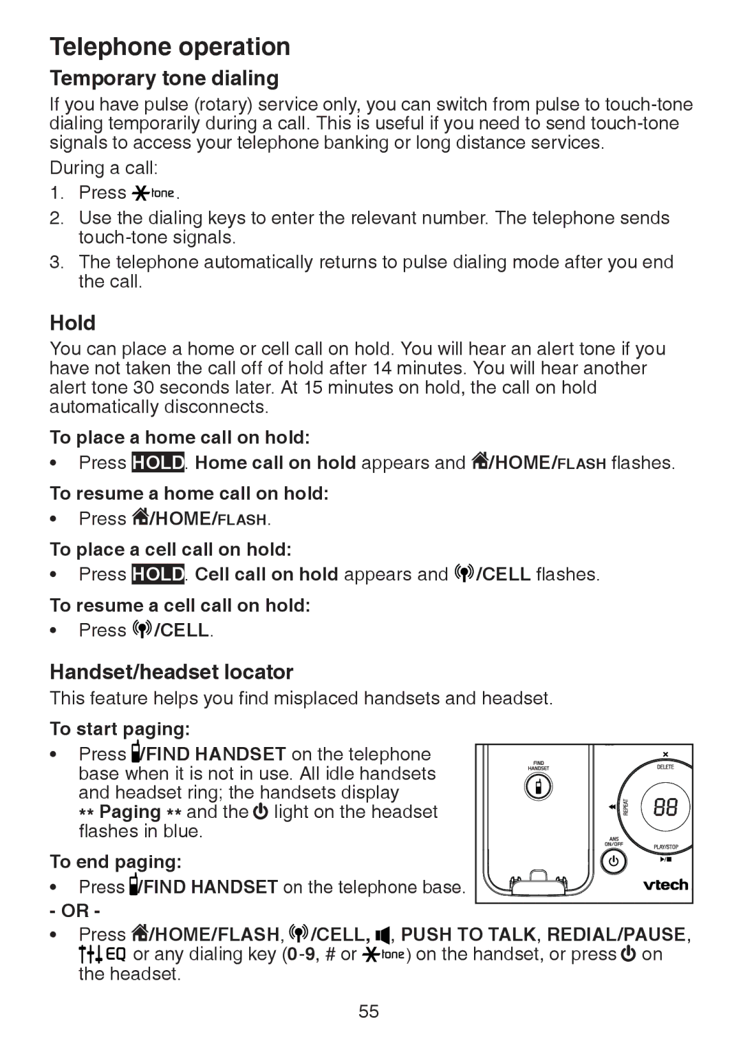 VTech DS6472-6 user manual Temporary tone dialing, Hold, Handset/headset locator 