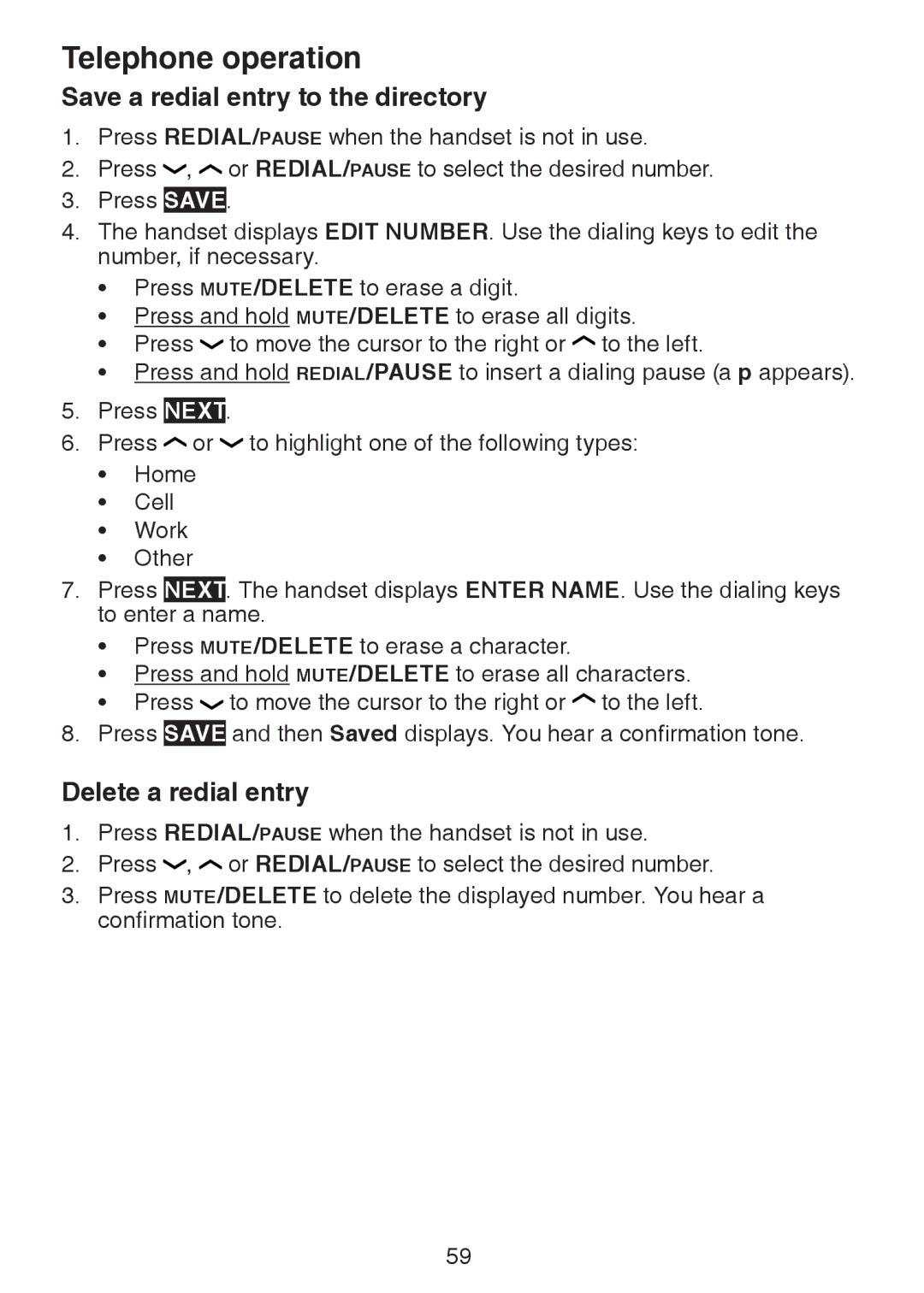 VTech DS6472-6 user manual Save a redial entry to the directory, Delete a redial entry 