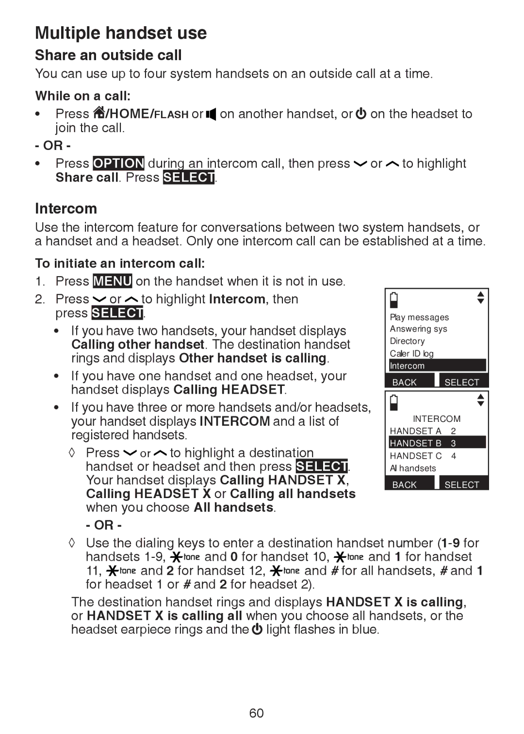 VTech DS6472-6 Multiple handset use, Share an outside call, Intercom, While on a call, To initiate an intercom call 