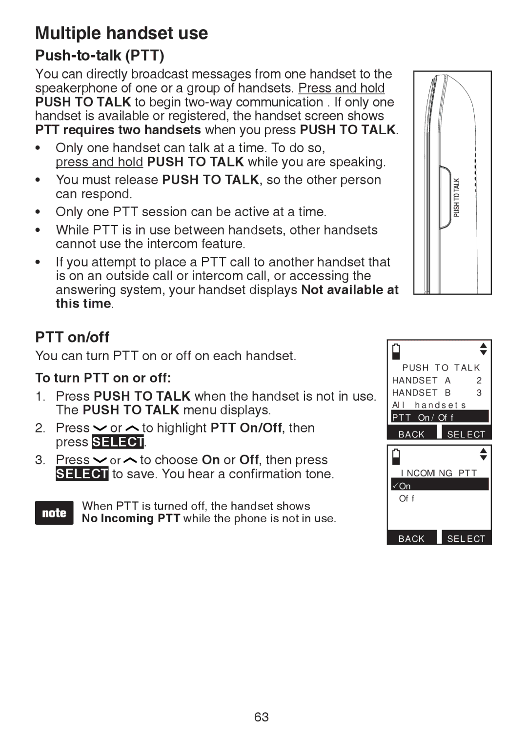 VTech DS6472-6 user manual Push-to-talk PTT, PTT on/off, To turn PTT on or off 