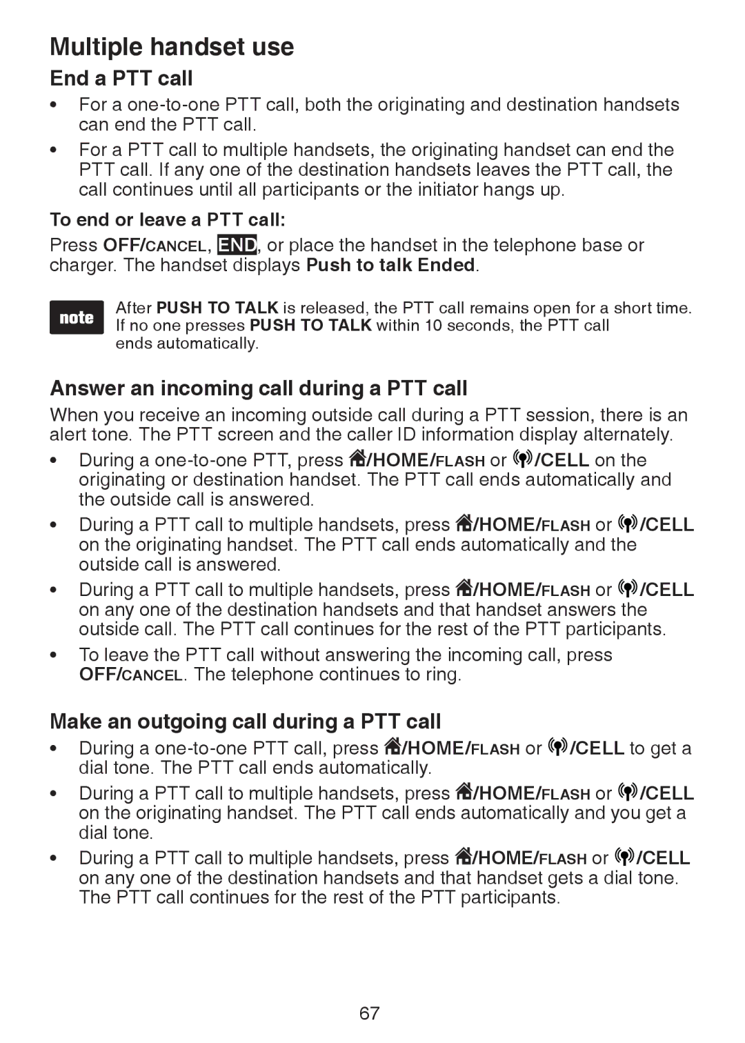 VTech DS6472-6 End a PTT call, Answer an incoming call during a PTT call, Make an outgoing call during a PTT call, Cell on 