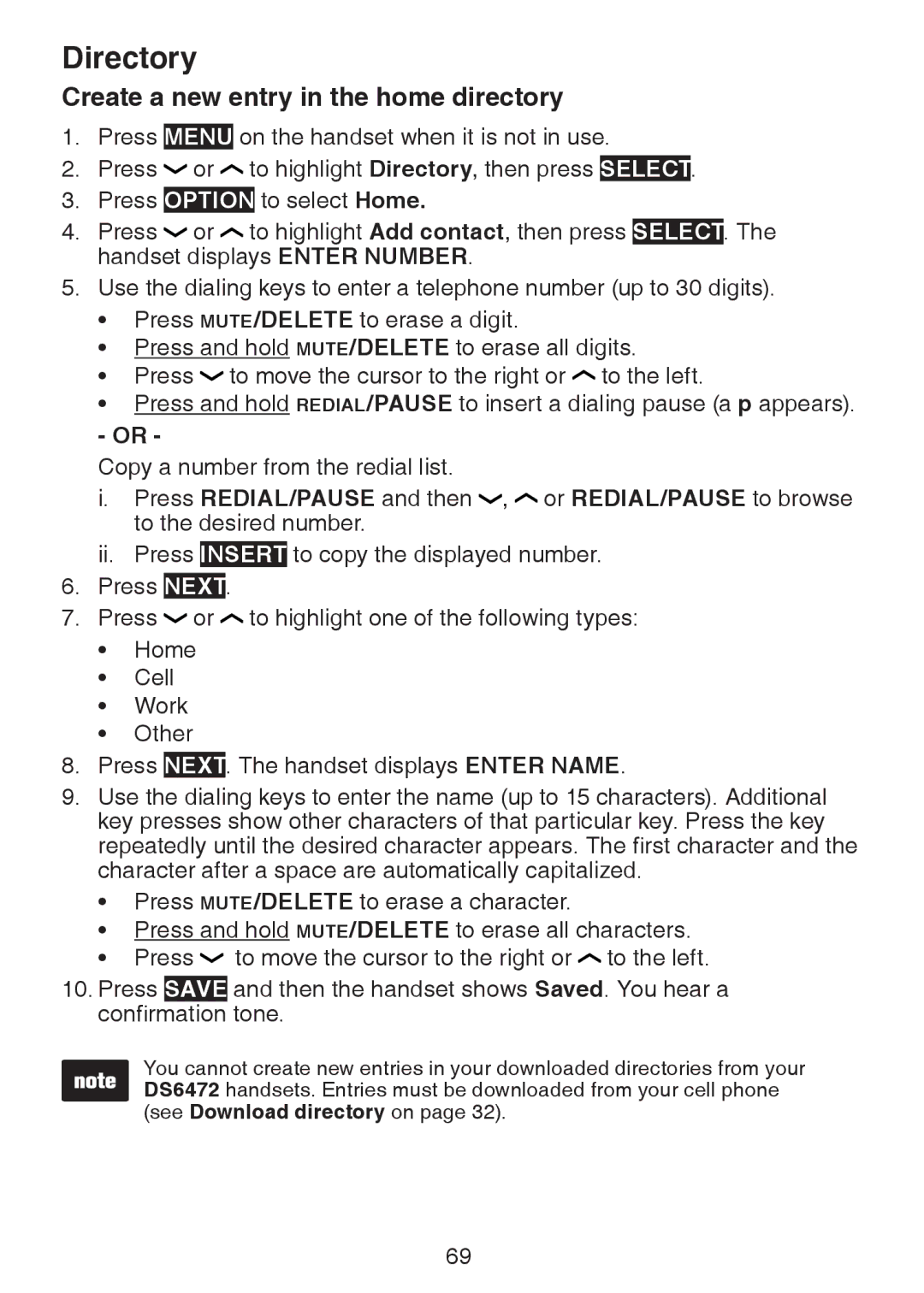 VTech DS6472-6 user manual Create a new entry in the home directory 