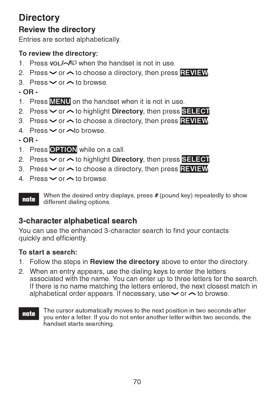 VTech DS6472-6 user manual Review the directory, Character alphabetical search, To review the directory, To start a search 