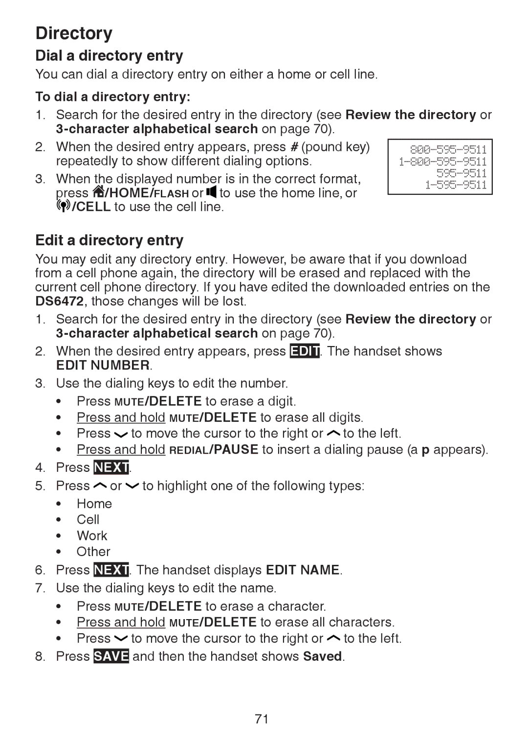 VTech DS6472-6 user manual Dial a directory entry, Edit a directory entry, To dial a directory entry 